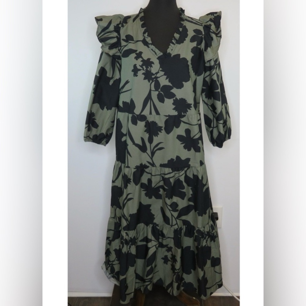 NWT Mud Pie Olive Floral Ruffle Sleeve Dress